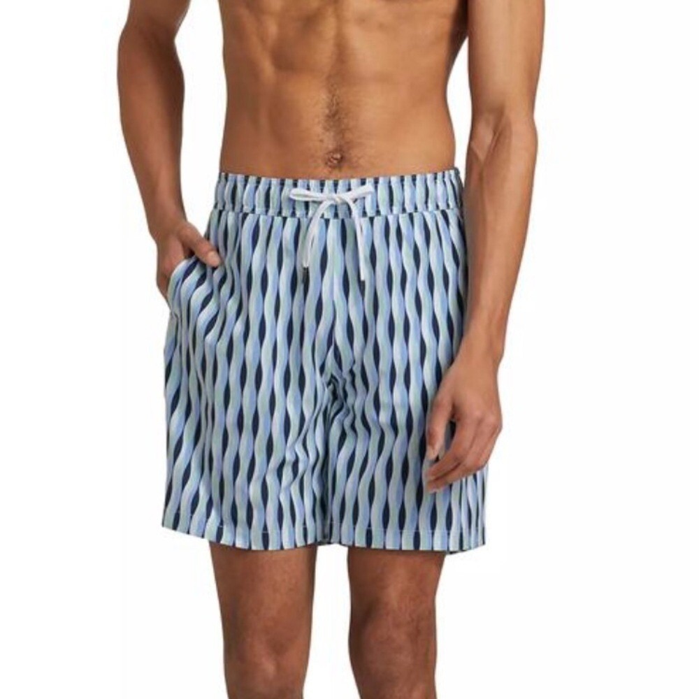 Saks Fifth Avenue men's swim L blue white volleyball boating pool resort beach